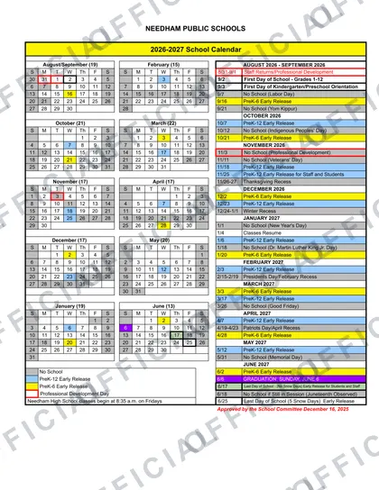 Needham Public Schools 2026-27 calendar