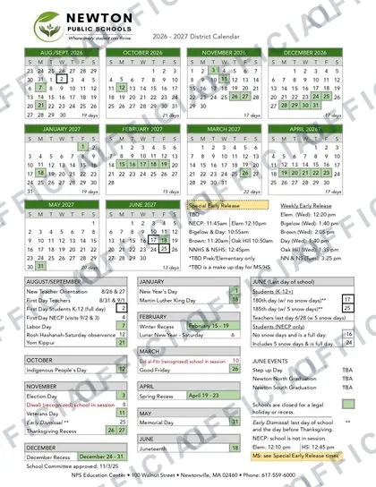 Newton Public Schools 2026-27 calendar