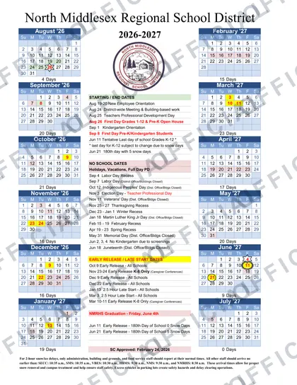 North Middlesex Regional School District 2026-27 calendar