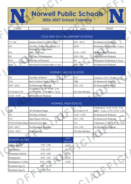 Norwell Public Schools 2026-27 calendar