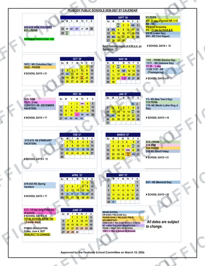 Peabody Public Schools 2026-27 calendar