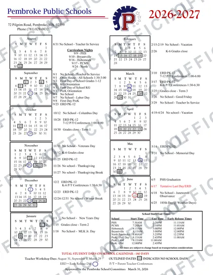 Pembroke Public Schools 2026-27 calendar