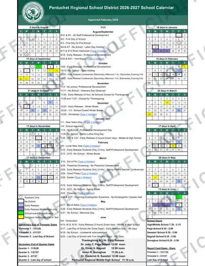 Pentucket Regional School District 2026-27 calendar