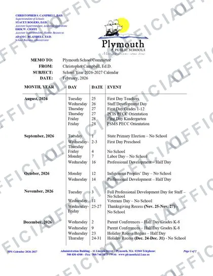 Plymouth Public Schools 2026-27 calendar