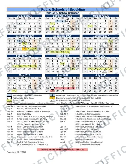 Public Schools of Brookline PSBMA 2026-27 calendar