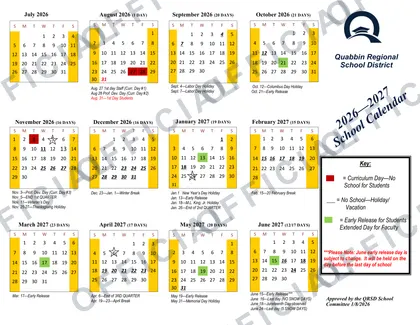 Quabbin Regional School District 2026-27 calendar