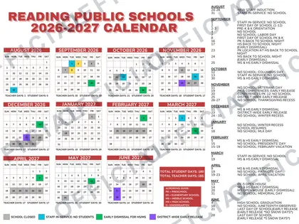 Reading Public Schools 2026-27 calendar
