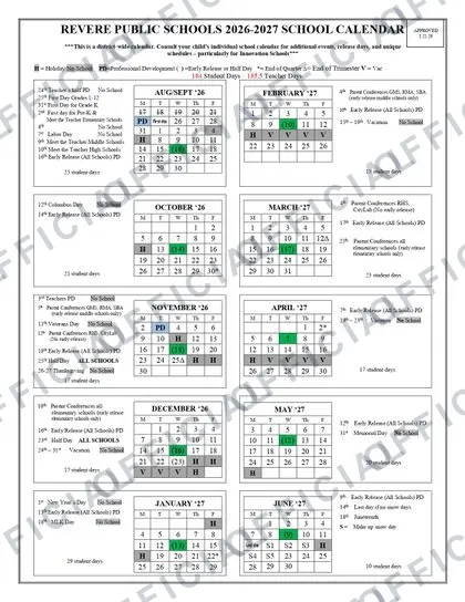 REVERE PUBLIC SCHOOLS 2026-27 calendar