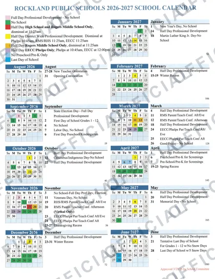 Rockland Public Schools 2026-27 calendar