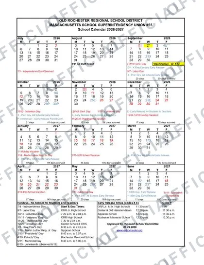 Rockport Public Schools District 2026-27 calendar