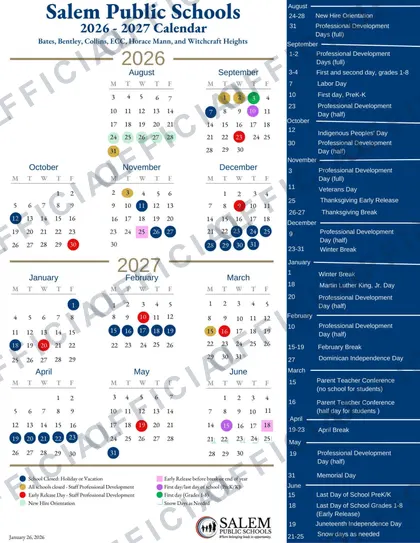 Salem Public Schools 2026-27 calendar