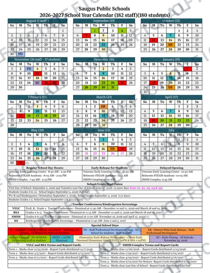 Saugus Public Schools 2026-27 calendar