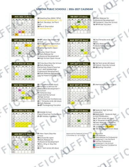 Seekonk Public Schools 2026-27 calendar