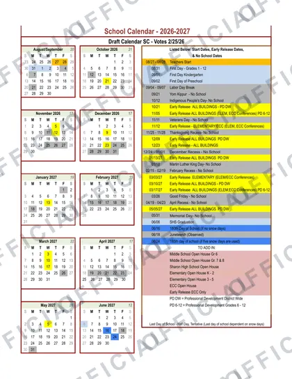 Sharon Public Schools 2026-27 calendar