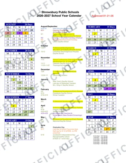 Shrewsbury Public Schools 2026-27 calendar