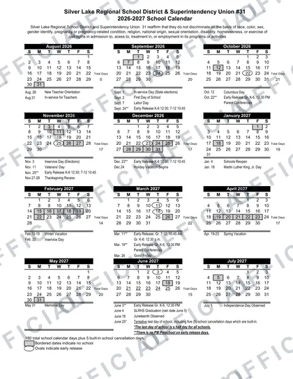 Silver Lake Regional School District 2026-27 calendar