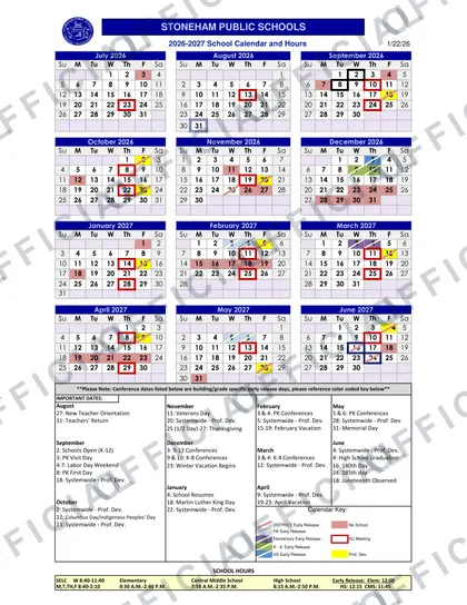 Stoneham Public Schools 2026-27 calendar