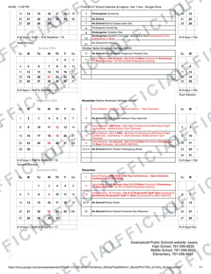 Swampscott Public Schools 2026-27 calendar