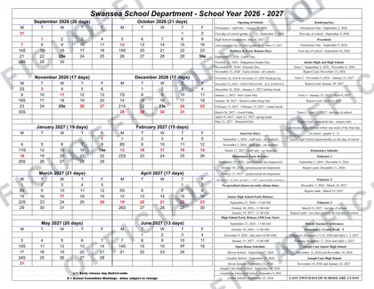 Swansea School Department 2026-27 calendar