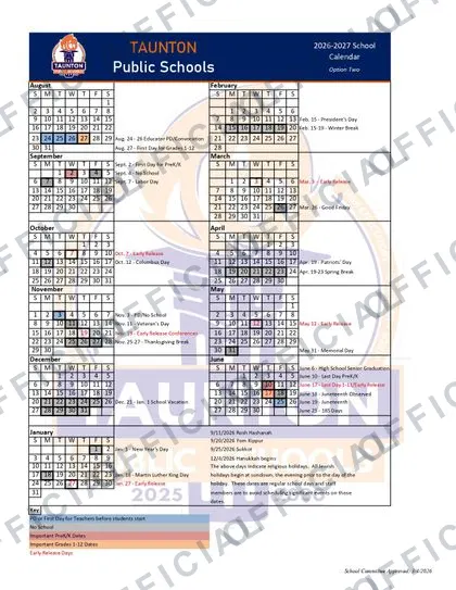 Taunton Public Schools 2026-27 calendar