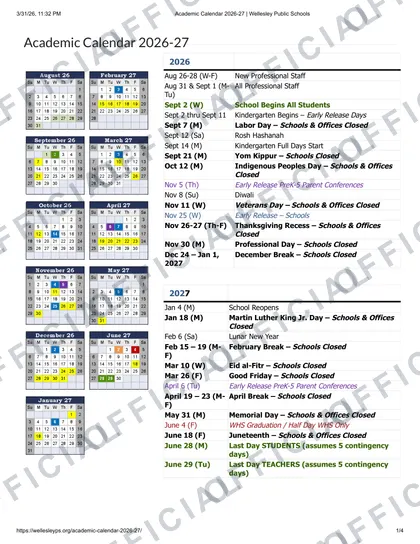 Wellesley Public Schools 2026-27 calendar
