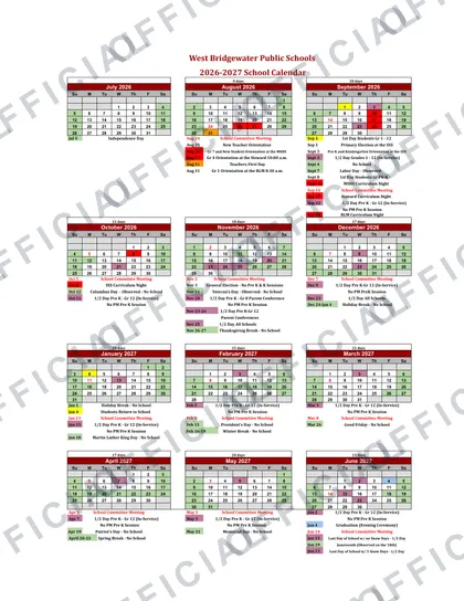 West Bridgewater Public schools 2026-27 calendar