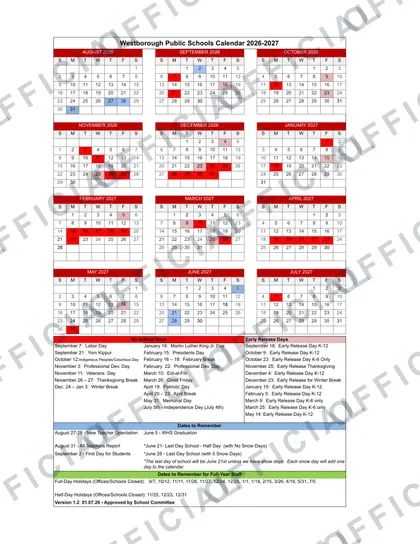 Westborough Public Schools 2026-27 calendar