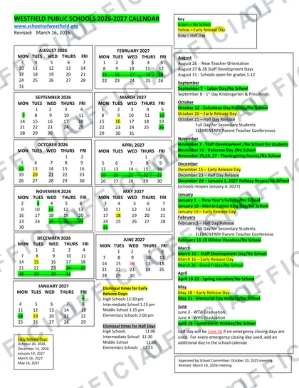 Westfield Public Schools 2026-27 calendar