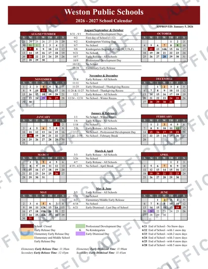 Weston Public Schools 2026-27 calendar