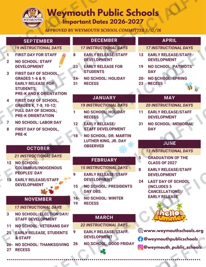 Weymouth Public Schools 2026-27 calendar