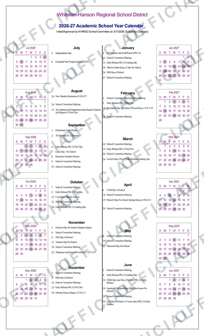 Whitman-Hanson Regional School District 2026-27 calendar