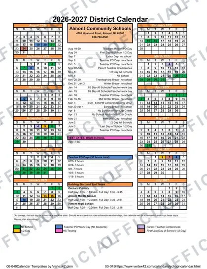 Almont Community Schools 2026-27 calendar