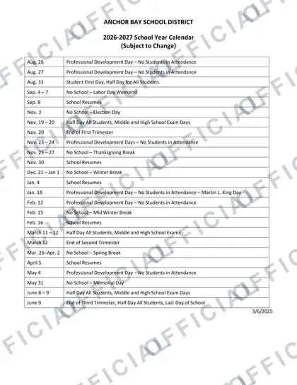 ANCHOR BAY SCHOOL DISTRICT 2026-27 calendar