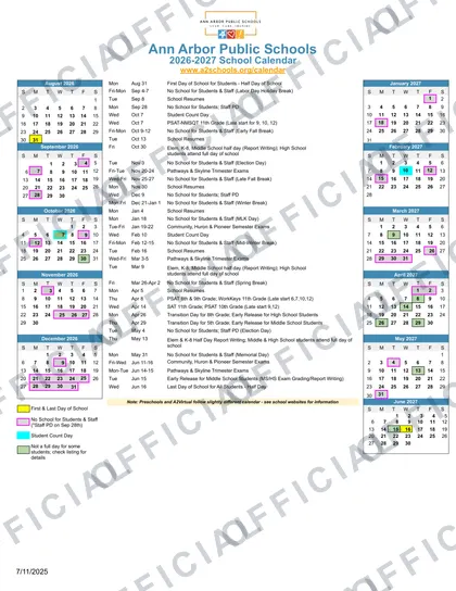 Ann Arbor Public Schools 2026-27 calendar
