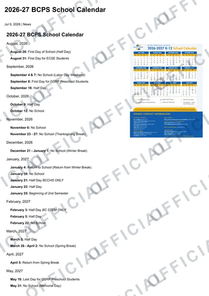 Battle Creek Public Schools 2026-27 calendar