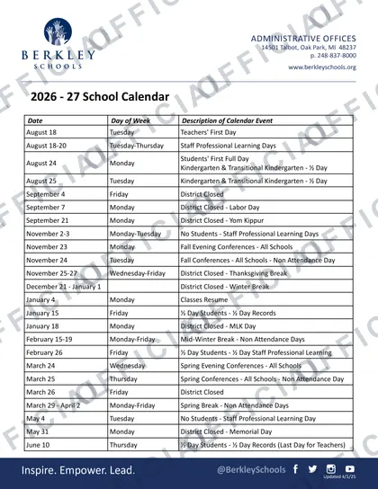 Berkley Schools 2026-27 calendar