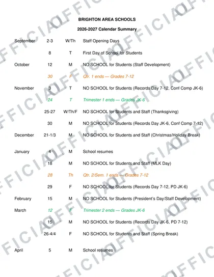 BRIGHTON AREA SCHOOLS 2026-27 calendar
