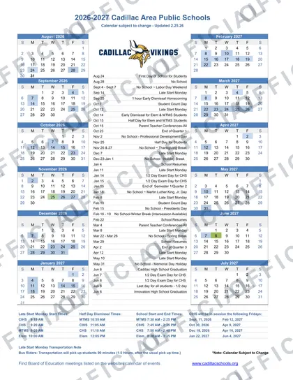 Cadillac Area Public Schools 2026-27 calendar