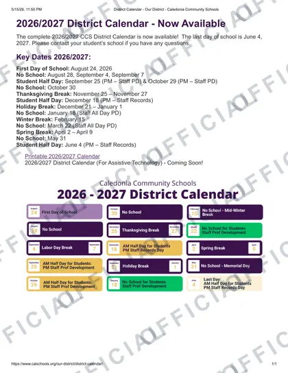 Caledonia Community Schools 2026-27 calendar