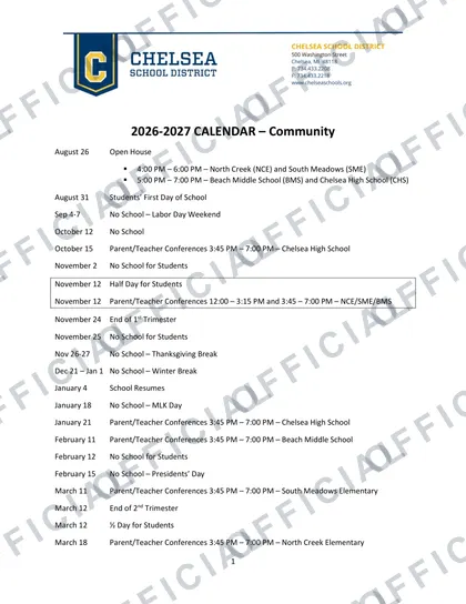 Chelsea School District 2026-27 calendar