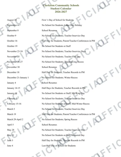 Clarkston Community Schools 2026-27 calendar
