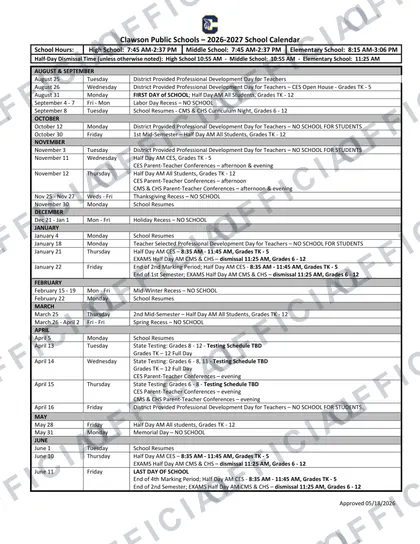 Clawson Public Schools 2026-27 calendar