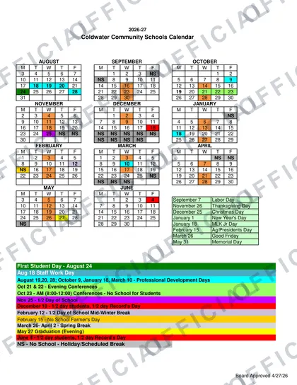 Coldwater Community Schools 2026-27 calendar
