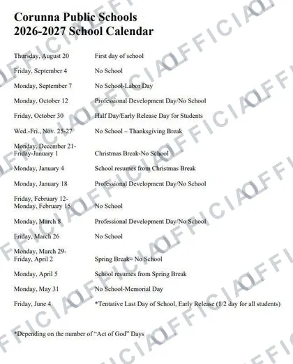 Corunna Public Schools 2026-27 calendar