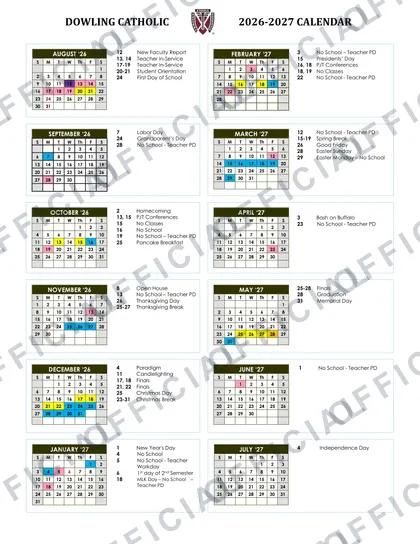 DOWLING CATHOLIC 2026-27 calendar