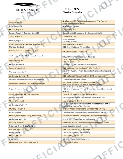 Ferndale Schools 2026-27 calendar