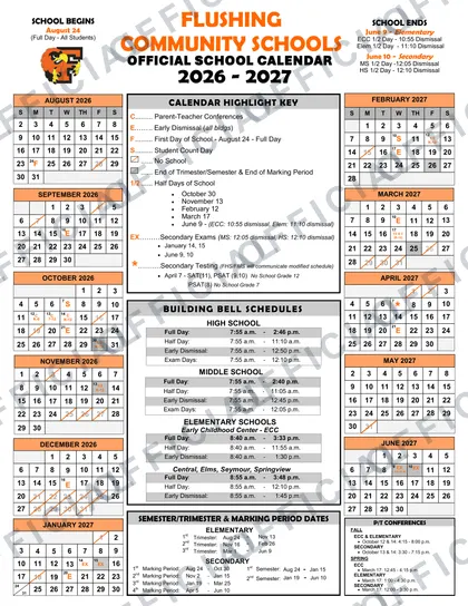 Flushing Community Schools 2026-27 calendar