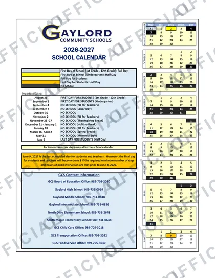 Gaylord Community Schools 2026-27 calendar