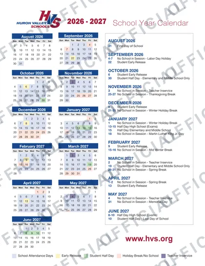 Huron Valley Schools 2026-27 calendar