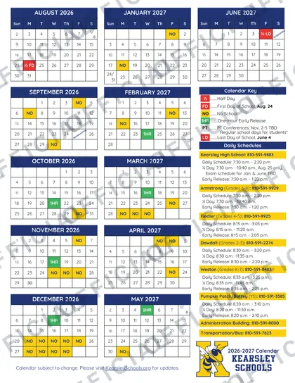 Kearsley Schools 2026-27 calendar